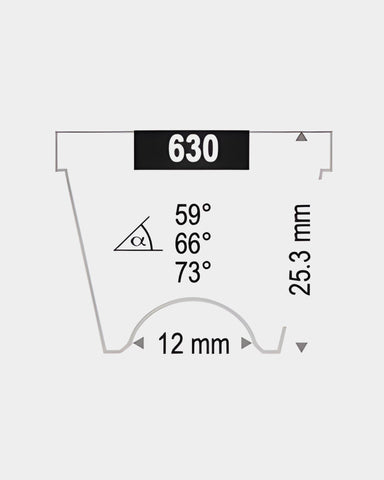 Technische Abbildung Kontaktglas 630 L mit Maß- und Winkelangaben