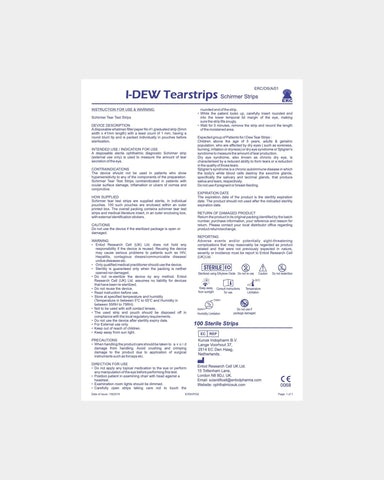I-DEW Tearstrips Schirmer-Teststreifen – Rückseite der Verpackung mit Anleitung, Warnhinweisen und Produktinformationen in blauem Text auf weißem Hintergrund.