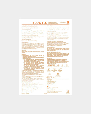 I-DEW FLO Fluoreszein-Teststreifen – Rückseite der Verpackung mit Anleitung, Warnhinweisen und Produktinformationen in orangefarbener Beschriftung.