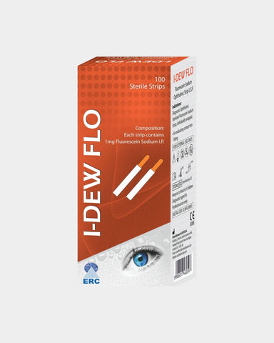 I-DEW FLO Fluoreszein-Teststreifen, sterile 100er-Packung, orange-weiße Produktverpackung mit Abbildung der Teststreifen und Zubehörhinweisen.